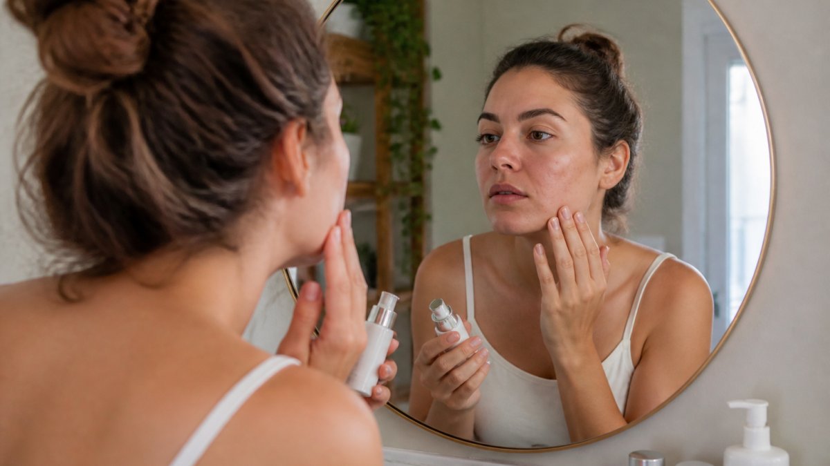 Woman examining her skin in a bathroom mirror before applying a gentle treatment for acne scars