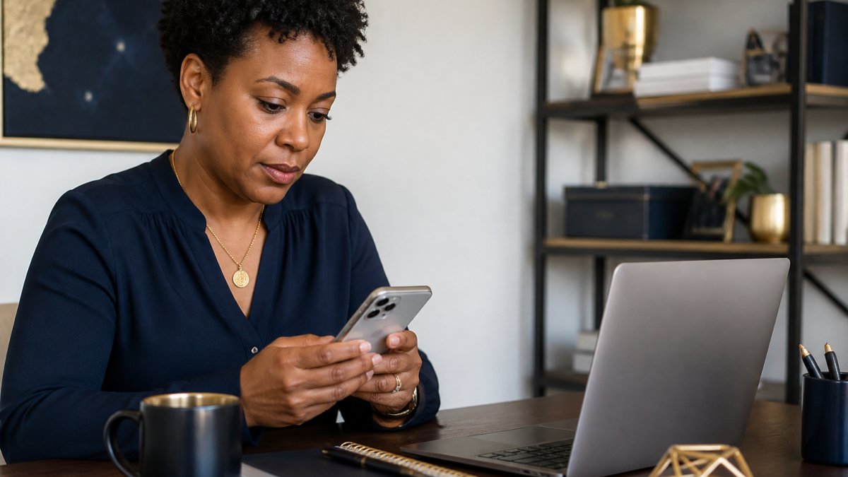 A small business owner at a tidy desk reviewing Instagram messages on a smartphone next to an open laptop showing a calendar, with a notebook and coffee nearby