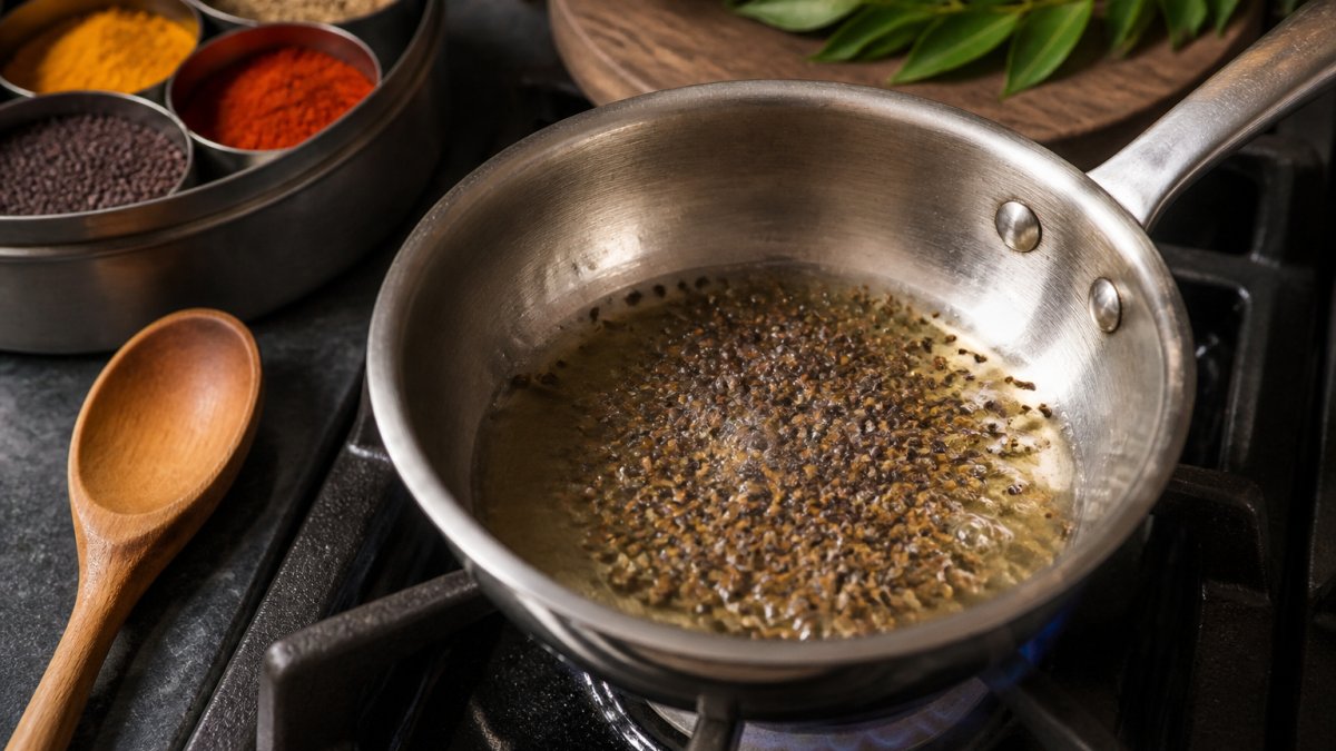 Mustard seeds and cumin seeds crackling in shimmering hot oil in a pan with a wooden spoon nearby