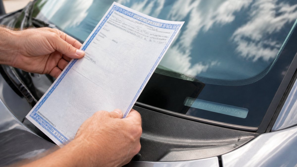 Diagram showing the process to verify used car title by matching the document to the vehicle VIN plate.