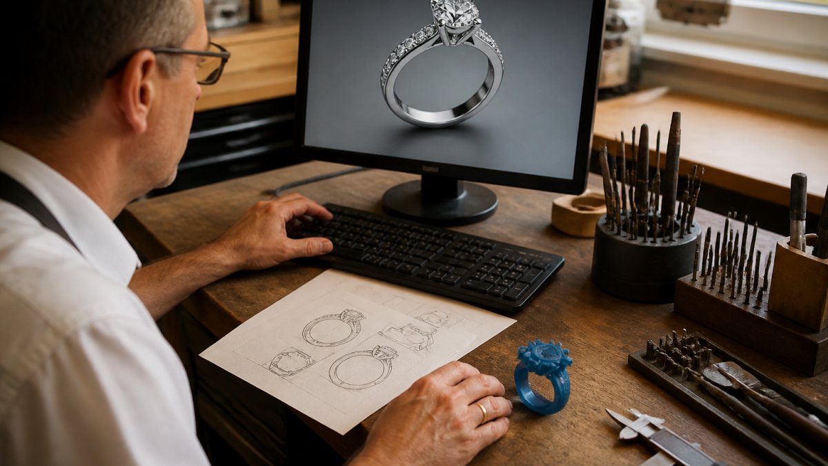 Jeweller reviewing a 3D ring render on a monitor beside pencil sketches and a wax model at a workbench