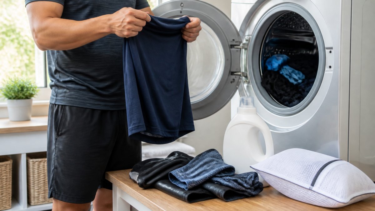 Person turning a navy shirt inside out to wash gym uniforms near a front-loader and laundry supplies