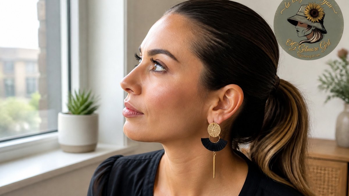 Diagram illustrating how dangle earrings and sleek ponytails draw focus upward to frame the face and eyes.