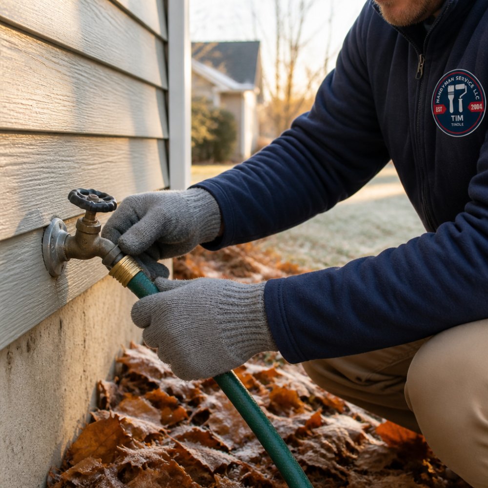 Gloved hands disconnecting a garden hose to winterize a home before the first frost of the autumn season.