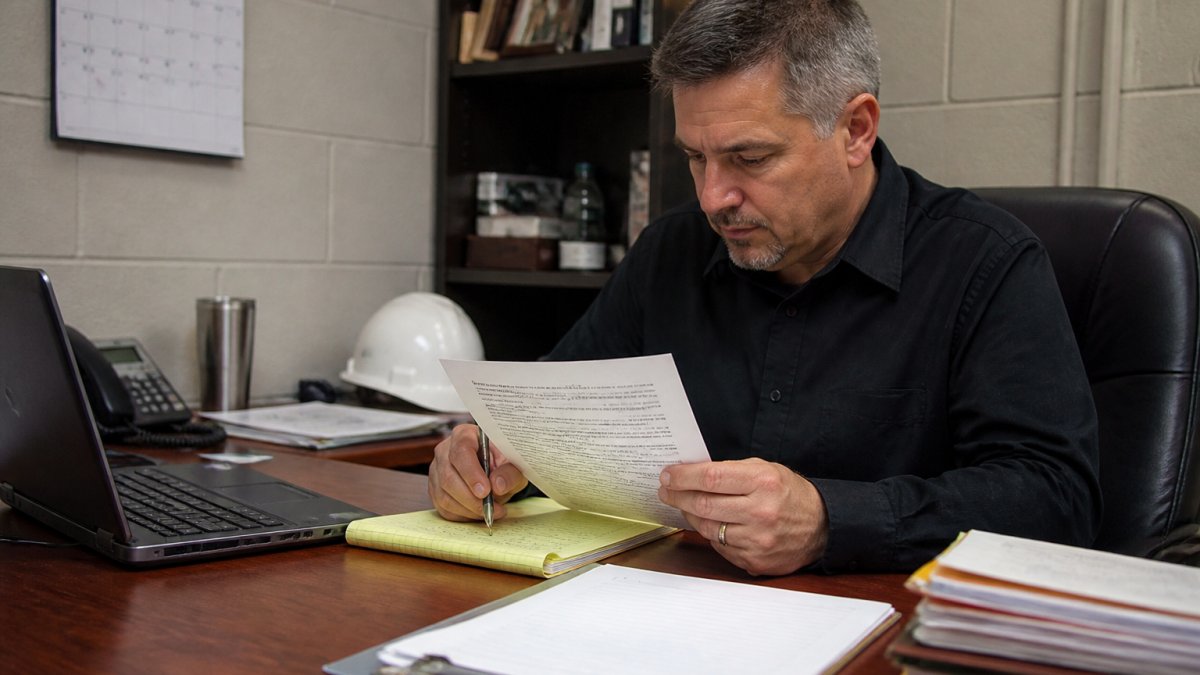 A safety manager at a desk reviewing a printed citation document and writing notes on a legal pad beside a laptop, with a wall calendar visible in a manufacturing office