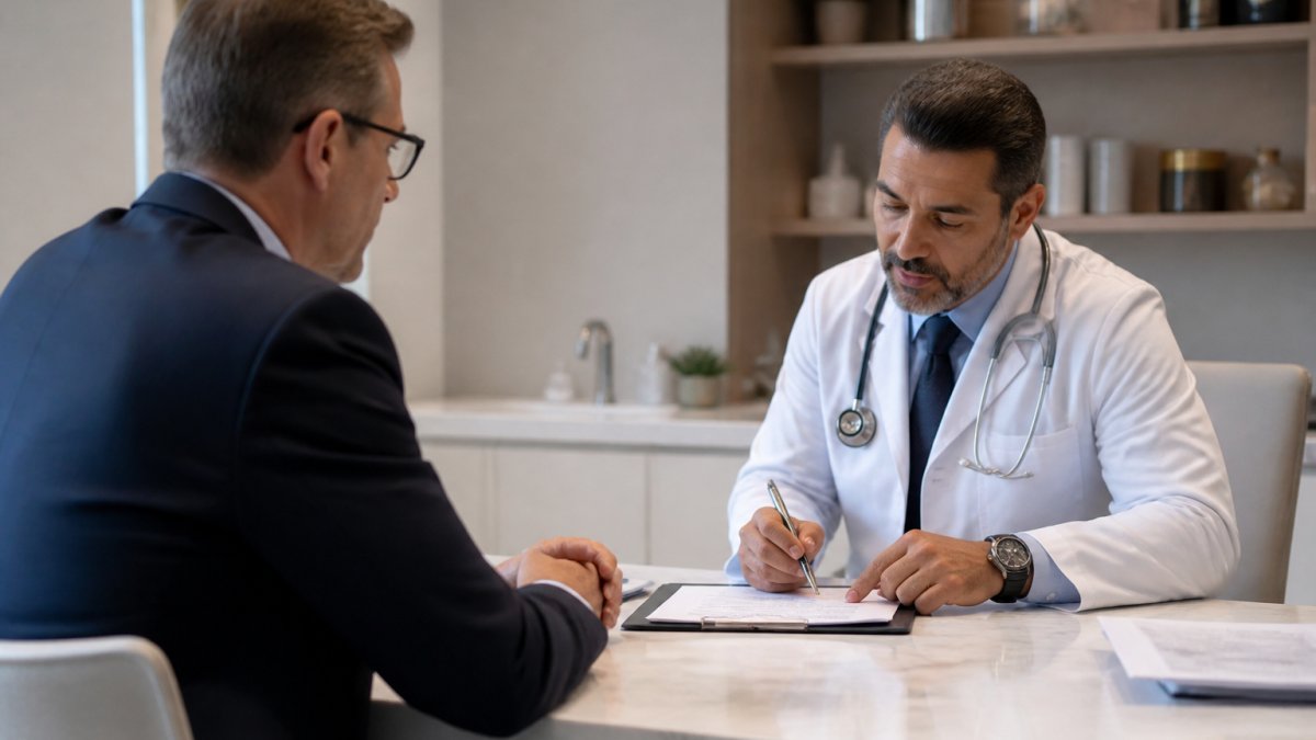 Physician in a white coat discussing health symptoms with a patient in a modern medical office consultation room