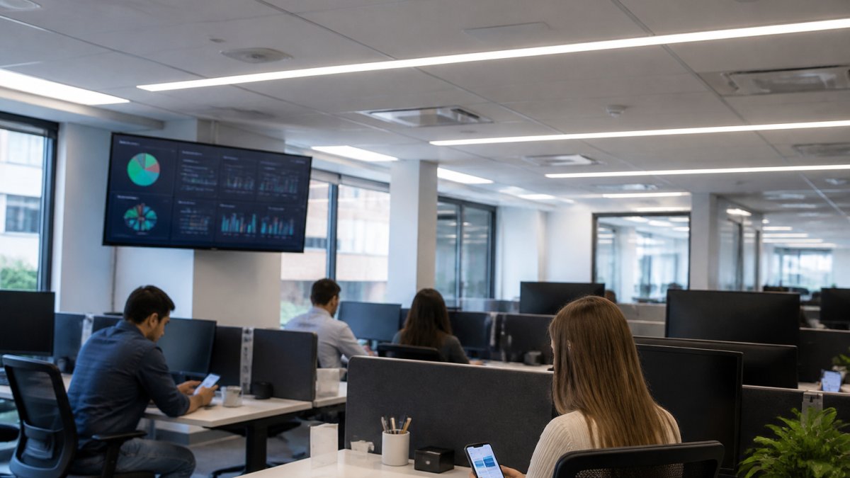 Infographic showing IoT sensors and data analytics integrated into a modern smart office workspace.