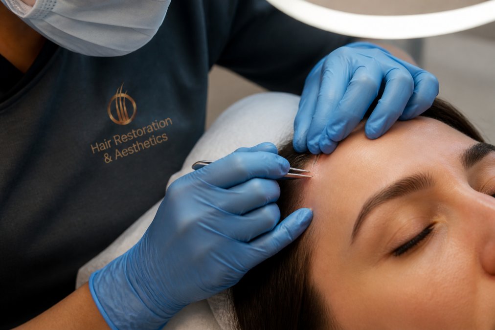 Close-up of a physician's gloved hands placing individual hair follicles into a patient's brow area using fine precision instruments under bright clinical lighting