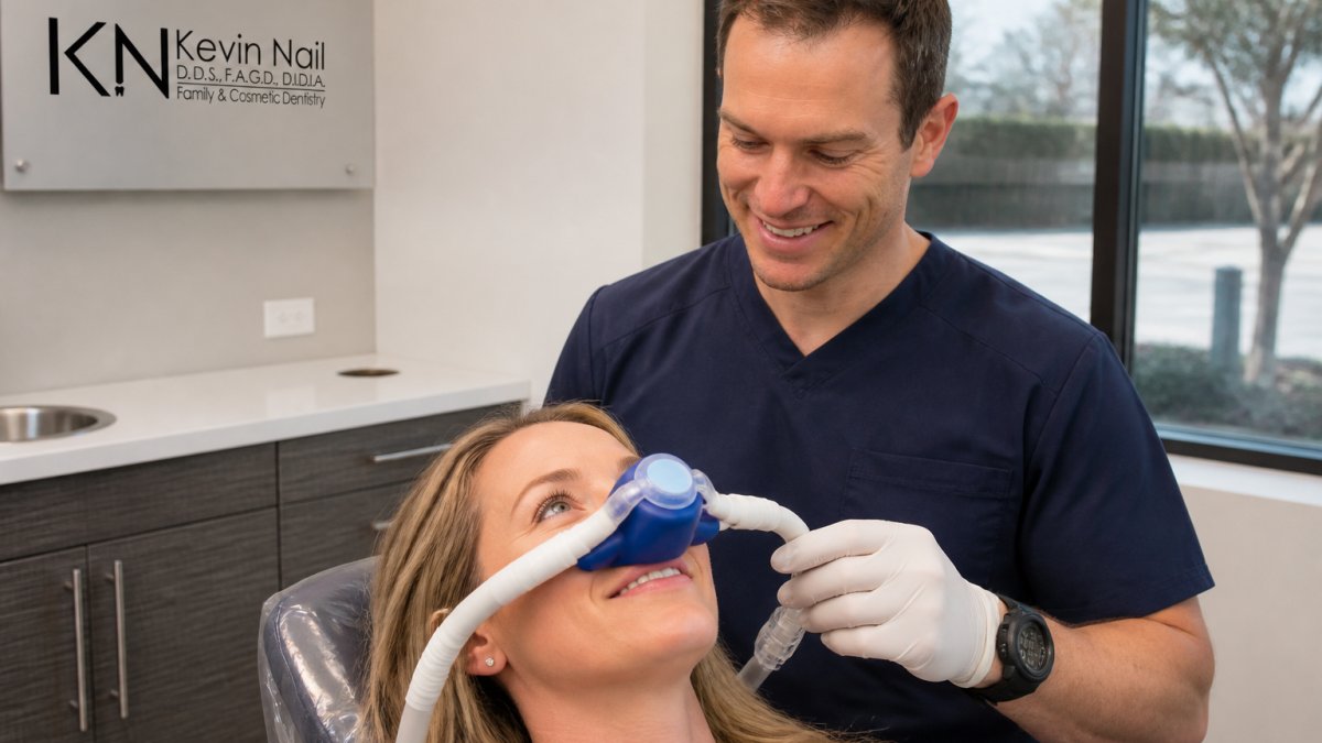 A calm dental patient wearing a nitrous oxide mask while a dentist adjusts the equipment in a bright, modern treatment room
