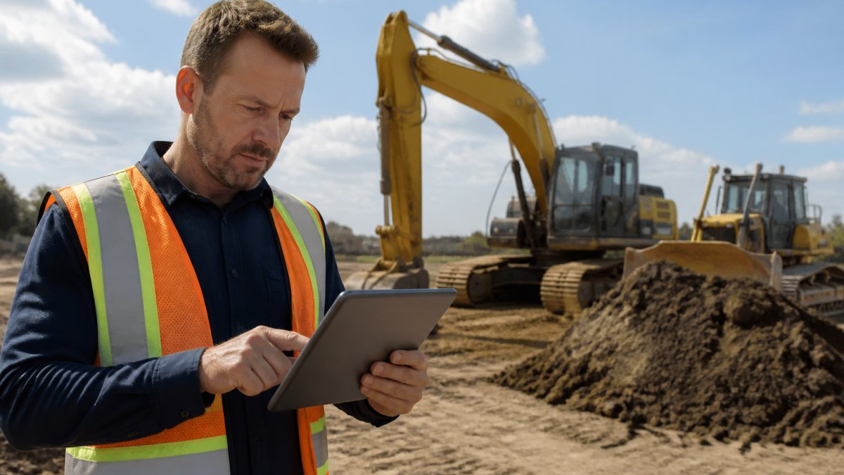 Construction business owner reviewing equipment financing documents on a tablet at a sunny job site
