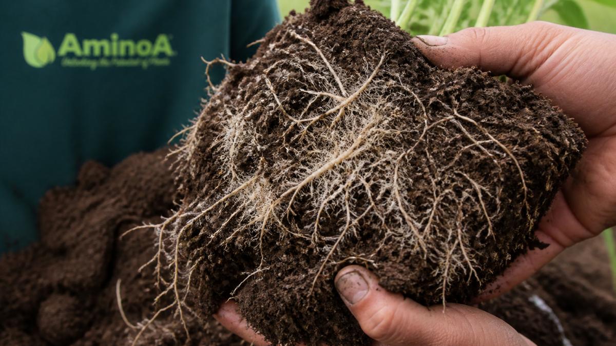 Close-up of dense white root system exposed in dark soil during field inspection, showing extensive lateral development and fine root hairs with soil particles clinging to root surfaces