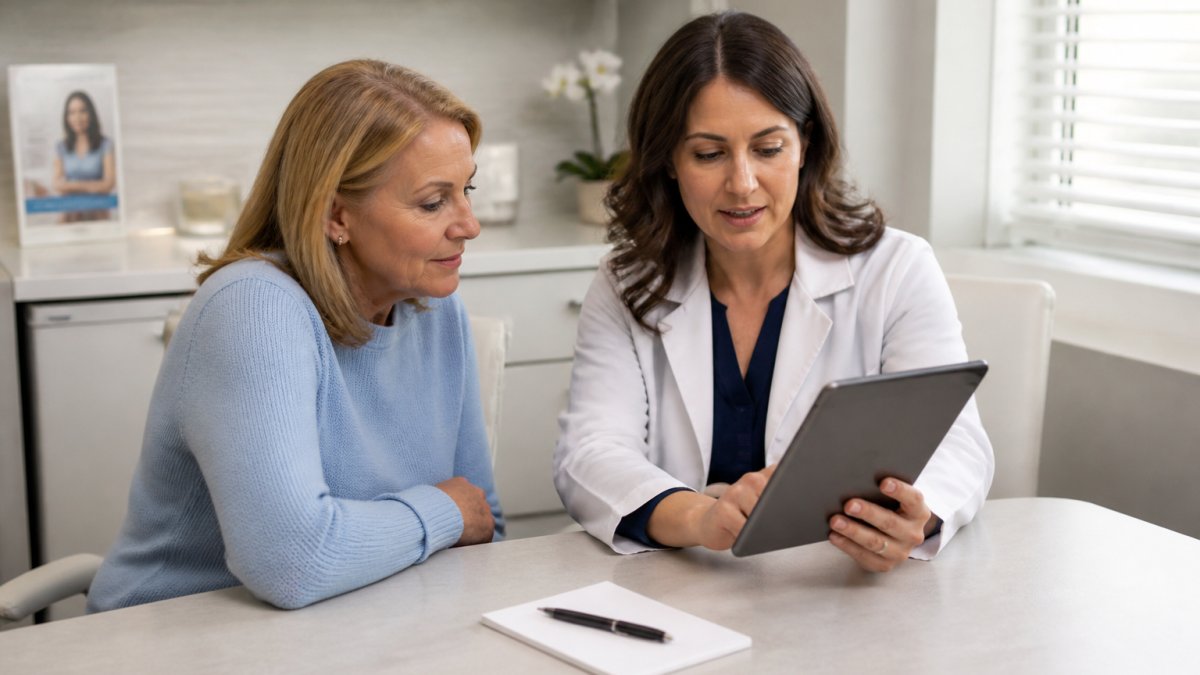 A patient in her fifties sitting with a board-certified physician in a bright clinic office, reviewing a treatment plan on a tablet, with a pen and notepad on the desk