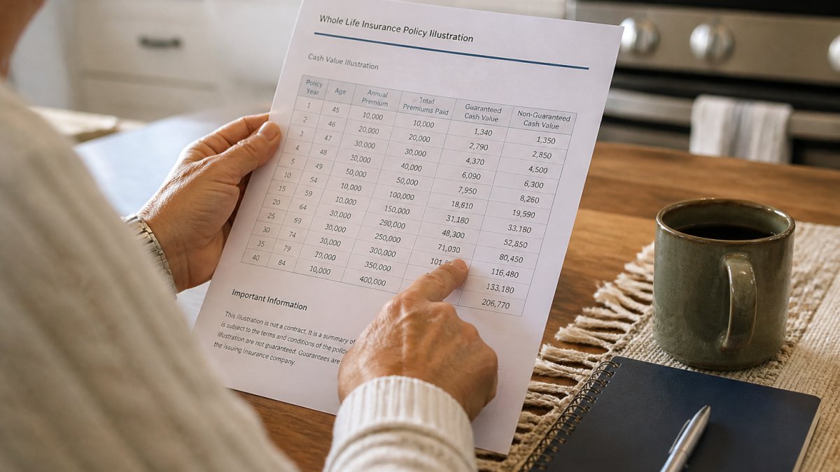 A close-up of a person's hands holding a printed policy illustration with a cash value chart, pointing at a column of numbers, sitting at a kitchen table with a coffee mug nearby