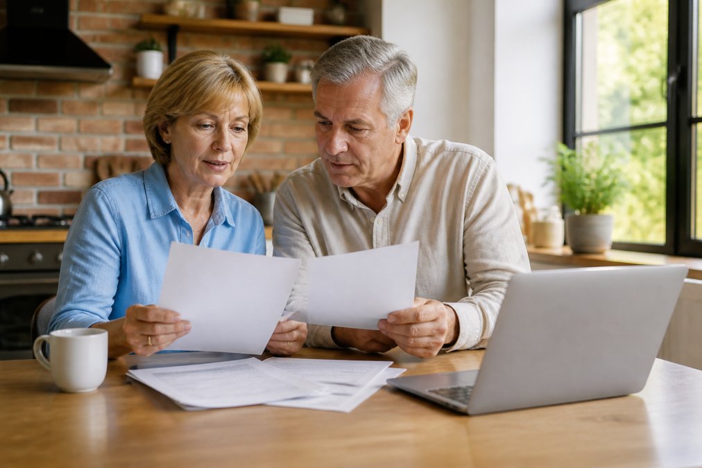 A retired couple in their early 60s sitting at a kitchen table with a laptop and paperwork, reviewing Social Security documents together in a bright home office