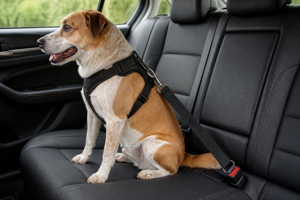 Medium-sized dog in a padded harness secured by a dog car seat belt tether buckled into the rear seat receiver