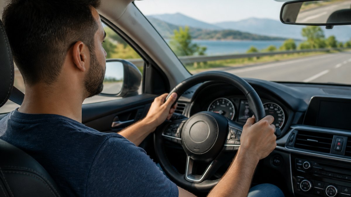 Driver with both hands on the wheel demonstrating how driving habits affect fuel economy through calm, controlled posture.