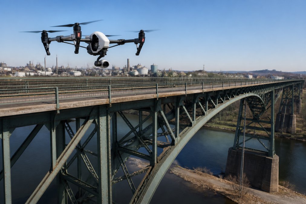 Drone hovering above a large steel bridge structure, capturing high-resolution thermal and optical imagery of the deck and support columns below, with industrial landscape in background