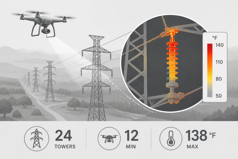 Aerial perspective showing transmission line towers stretching across a landscape, captured from drone altitude, with thermal imagery overlay showing equipment temperature variations