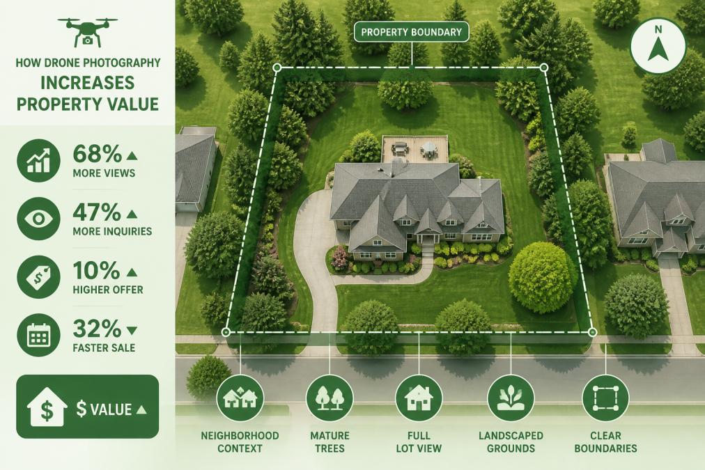 Aerial bird's-eye view of a residential property showing the full lot, surrounding grounds, neighborhood context, and property boundaries clearly visible from above, with mature trees and manicured landscaping in natural daylight