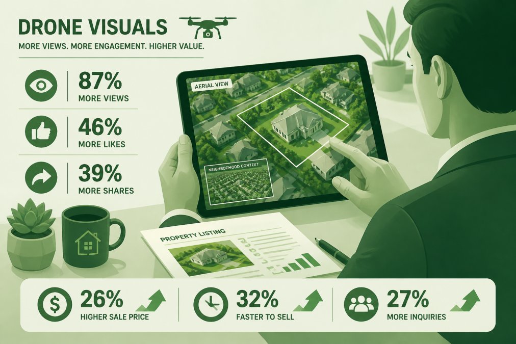 Real estate agent or homeowner reviewing drone footage on a tablet, with aerial property images displayed on screen showing neighborhood context and property boundaries, seated at a desk with listing documents visible