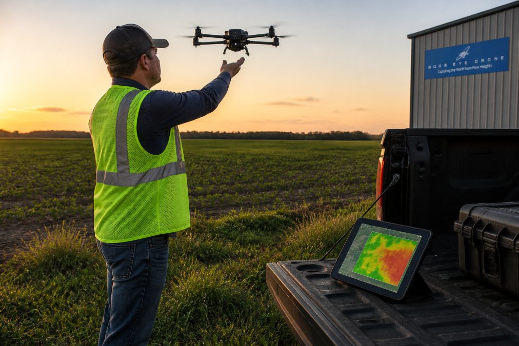 A drone pilot in a high-visibility vest launching a multi-rotor drone from a grassy field edge at golden hour, with a tablet showing a green and red field map propped on a nearby tailgate