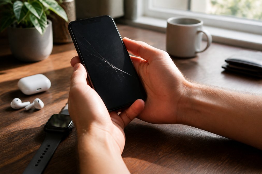 Close-up of a person's hands holding a smartphone with a visible hairline crack across the screen, sitting at a home desk with wireless earbuds and a smartwatch nearby, warm afternoon light through a window