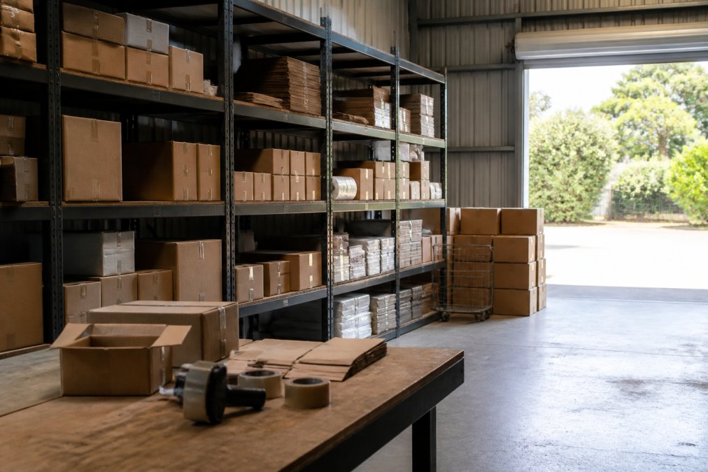Well-organised commercial storage unit interior with neatly stacked boxes on industrial shelving, clear product labelling, and an open staging area near the front entrance for order assembly and packing supplies