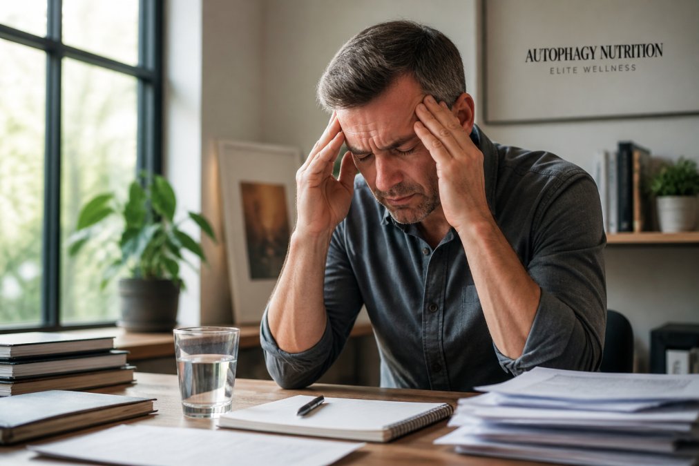 A person in their 40s sitting at a desk, rubbing their temples with a glass of water nearby, looking mentally fatigued in a bright home office