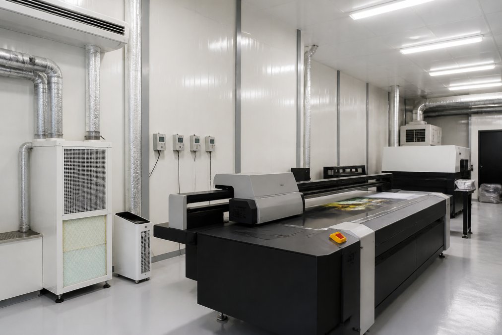 UV printer in a clean, climate-controlled facility with air filtration and monitoring equipment for a stable UV printer