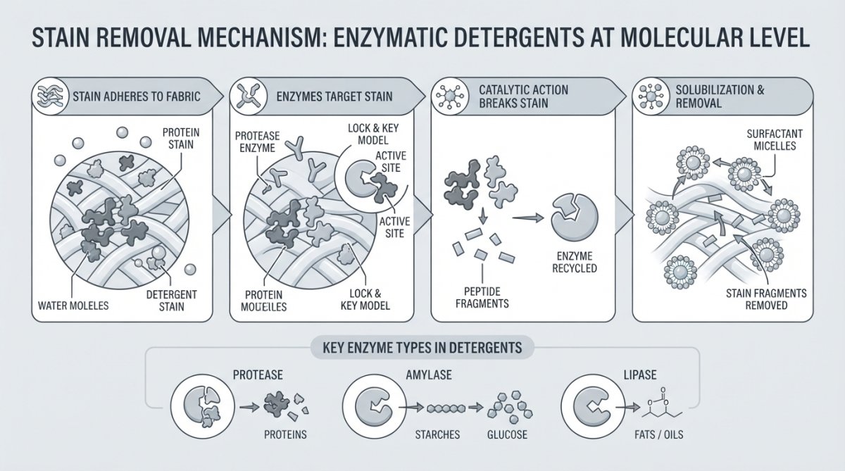 Microscopic view of enzyme molecules attaching to stain particles on fabric fibres, showing the active site binding process in detailed molecular interaction