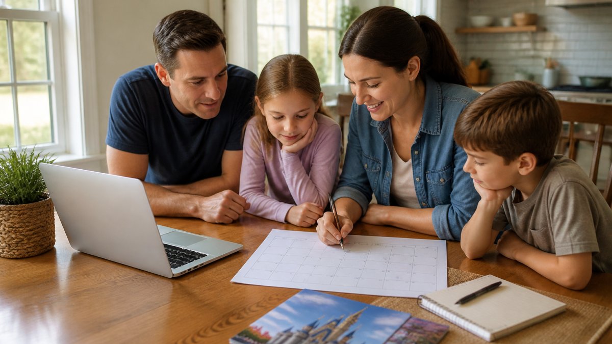 A family at a kitchen table with a laptop, calendar, and notepad, mapping out theme park dates together in warm morning light