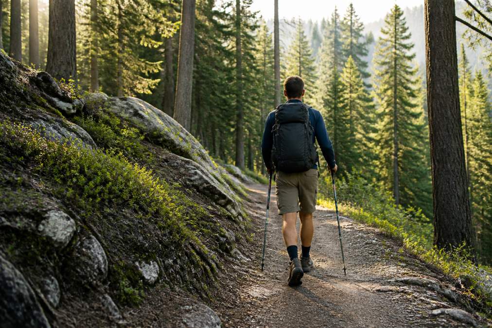 A solo hiker with a lightweight backpack walking a well-maintained dirt trail through a forest, mid-stride, morning light filtering through trees, wearing hiking boots and using trekking poles