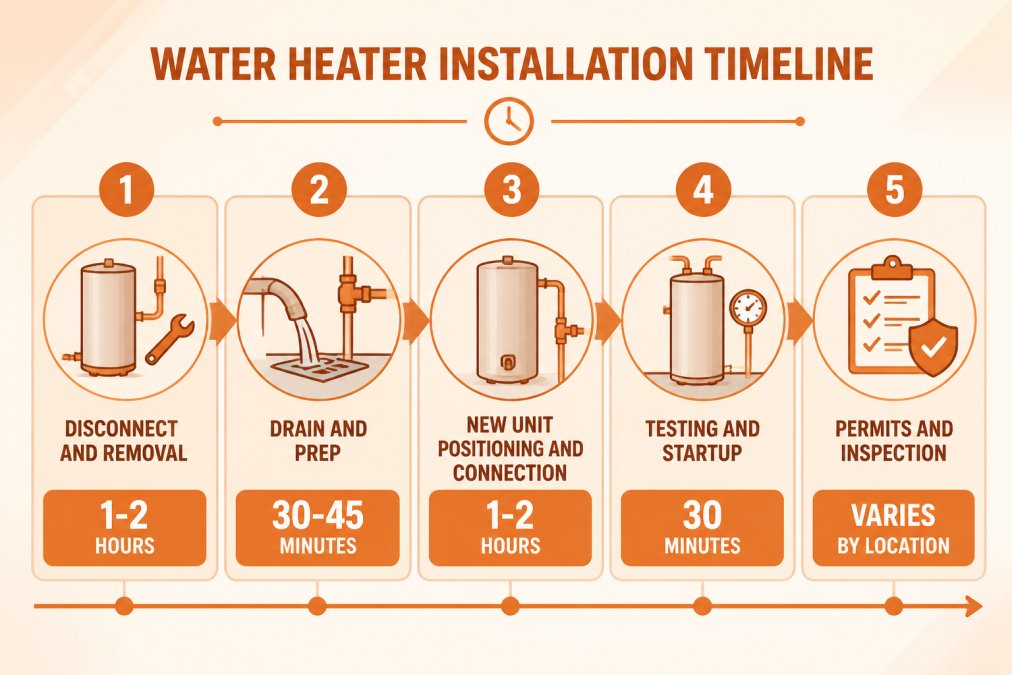 Timeline showing typical installation phases: disconnect and removal (1-2 hours), drain and prep (30-45 minutes), new unit positioning and connection (1-2 hours), testing and startup (30 minutes), permits and inspection (varies by location)