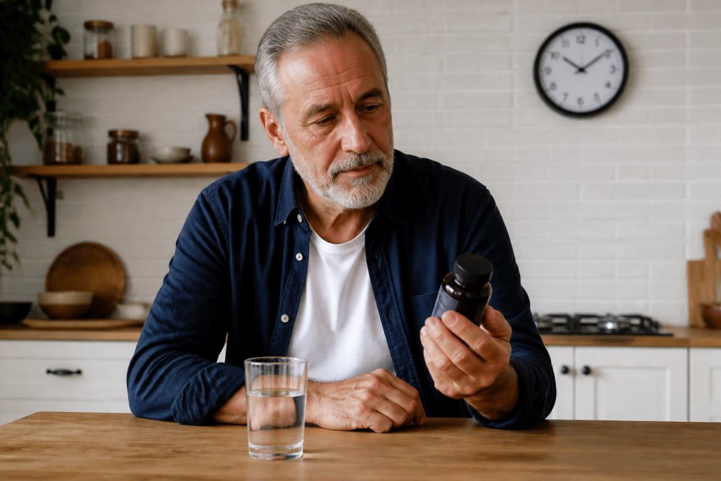 A man in his 60s sitting at a kitchen table, looking thoughtfully at a supplement bottle next to a glass of water, with a clock on the wall showing the time