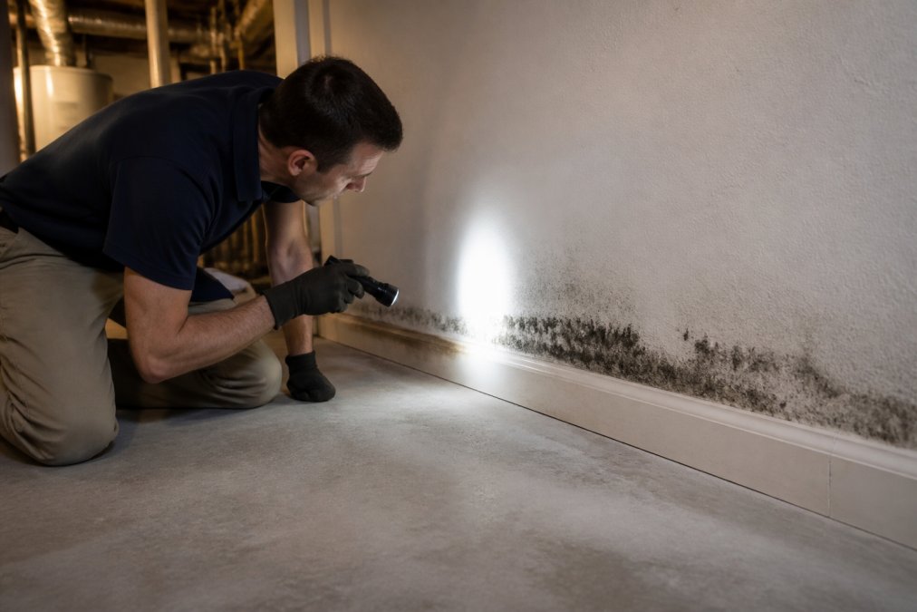 Close-up of a homeowner in work clothes examining dark discoloration along the baseboard of a wall in a dimly lit basement, with a flashlight in hand