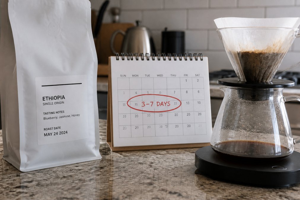 A coffee bag label showing a printed roast date next to a calendar with the 3-7 day window circled, and a pour-over brewer on the counter