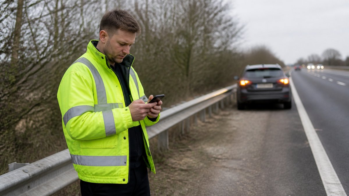 A driver standing safely behind a safety barrier on a motorway verge, wearing a high-visibility jacket, looking at a phone, with a broken-down car with hazard lights on in the background