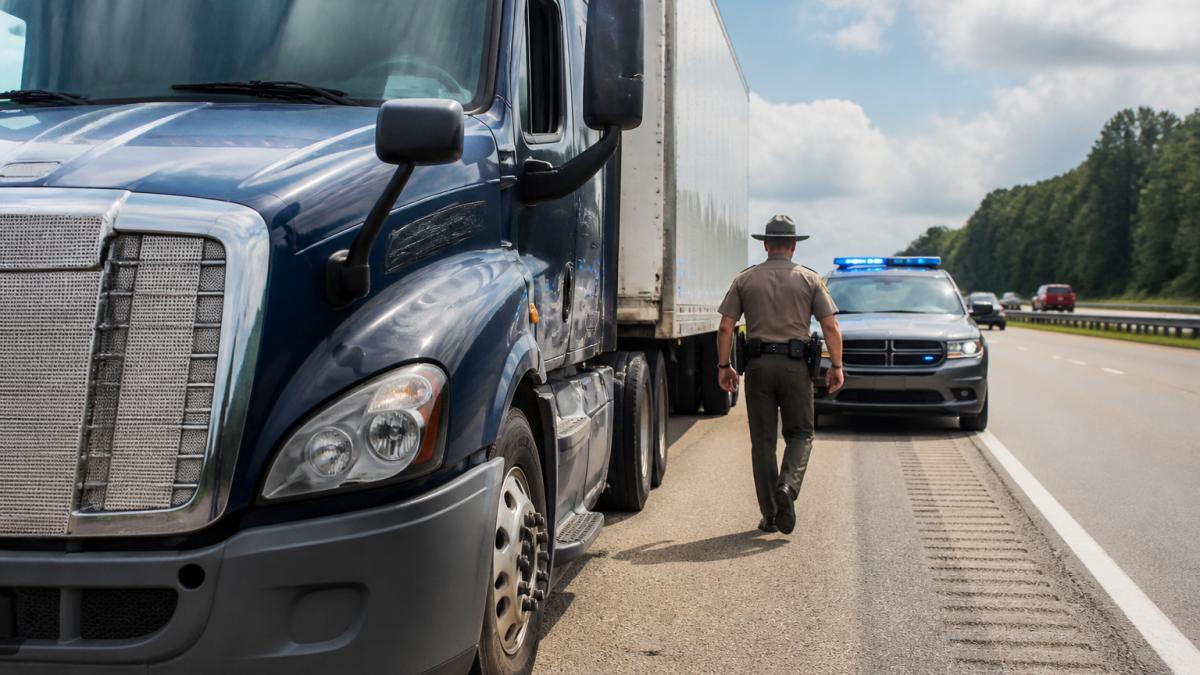 A close-up of a commercial semi-truck on an interstate highway with a state trooper's vehicle parked behind it, suggesting a post-crash inspection scene in daylight