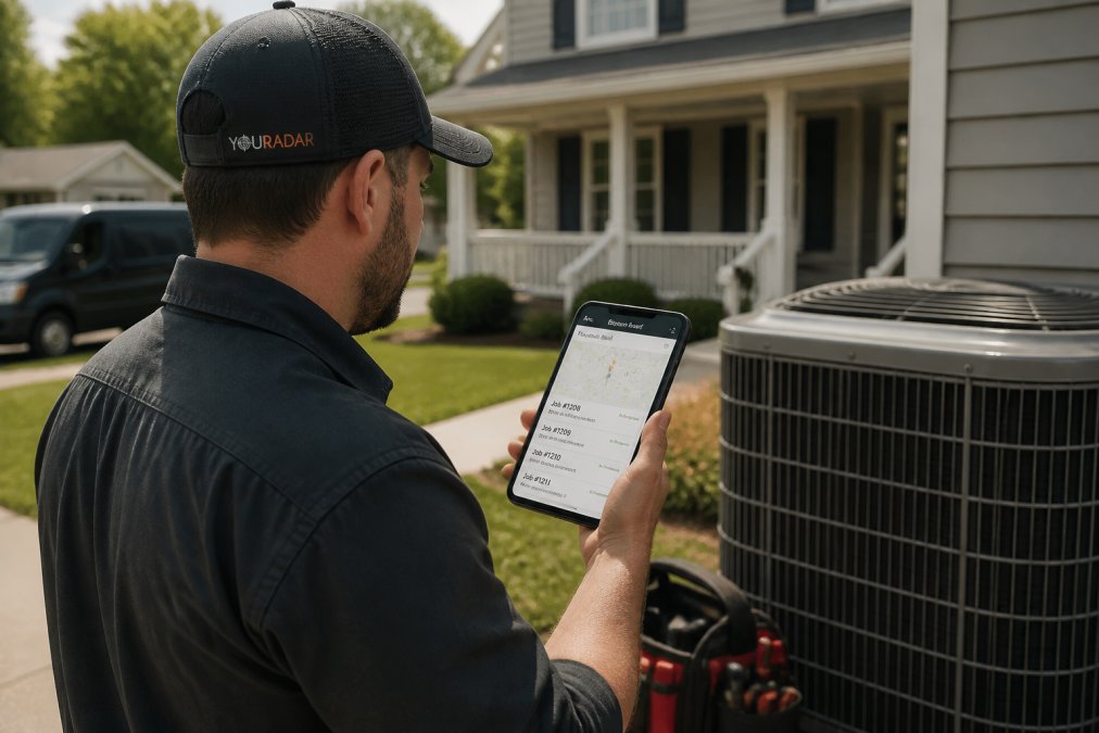 HVAC technician in the field holding a mobile device showing job details and dispatch board, with residential home visible in background, natural outdoor lighting