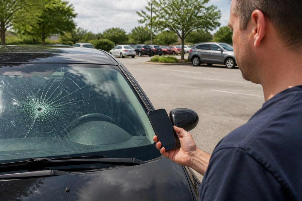 Person holding a smartphone while examining a cracked windshield on their vehicle in a parking lot, natural daylight