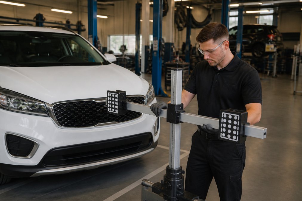 Technician using specialized calibration equipment on a vehicle's windshield mounted camera system in a professional auto shop setting