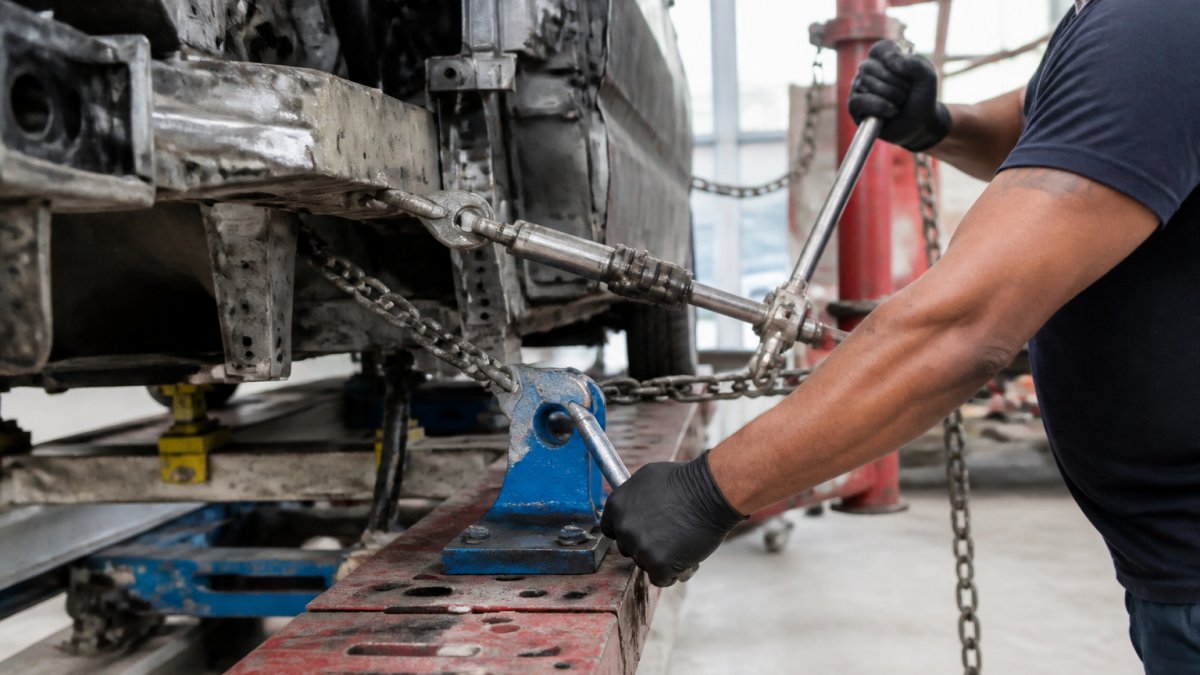 Professional auto body technician working at a frame straightening rack with hydraulic towers and chains attached to a vehicle frame during the pulling process, with precision measuring equipment visible in a well-lit shop