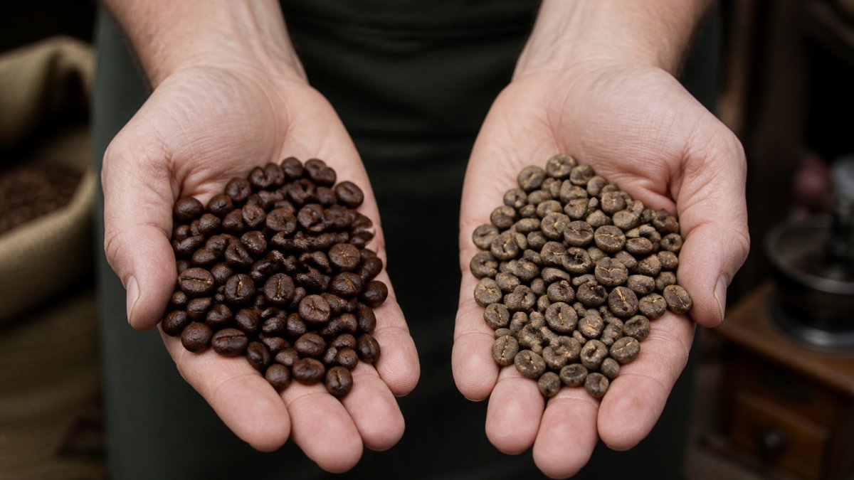 Close-up of freshly roasted coffee beans with deep brown colour and subtle sheen in one hand, next to older beans with dull, faded appearance and grey undertones, showing the clear visual difference in freshness