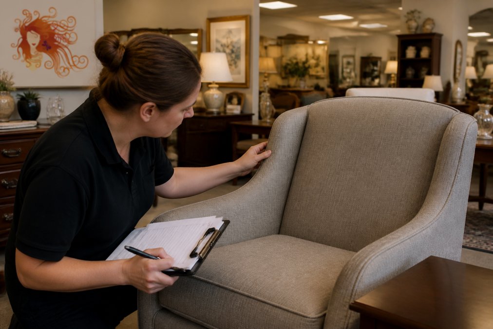 Consignment store staff member carefully inspecting an upholstered armchair under bright overhead lighting, examining seams and fabric condition while taking detailed notes on a clipboard