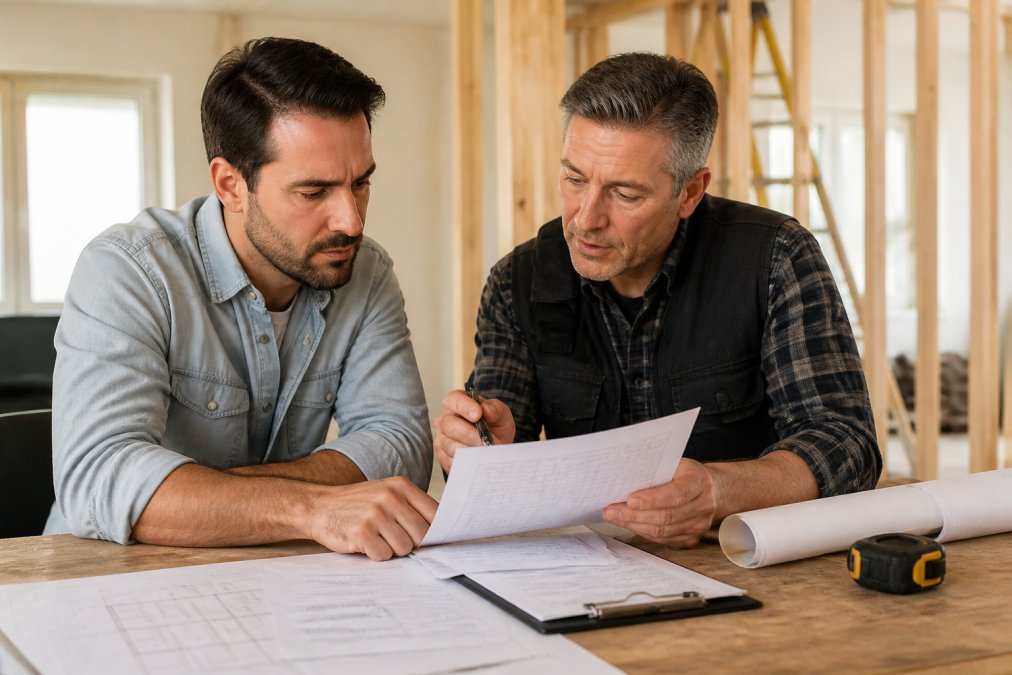 Homeowner and general contractor reviewing construction budget spreadsheet and cost breakdown documents at a wooden table with blueprints, discussing project scope and pricing structure