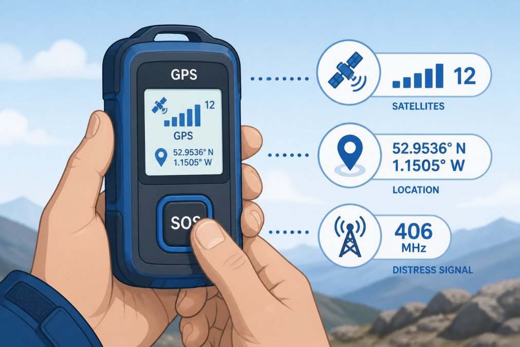 How GPS Emergency Beacons Save Lives Close-up of a GPS emergency beacon device being held in hands outdoors with clear sky visible, showing the activation button and display screen with satellite signal indicators