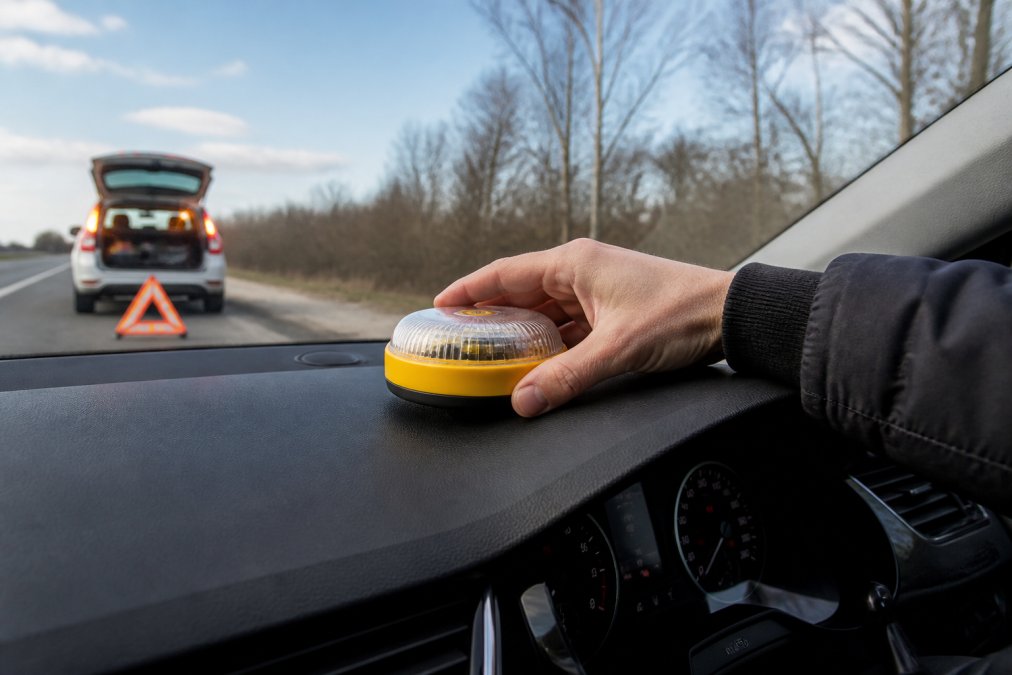 How GPS Emergency Beacons Save Lives A motorist checking an emergency beacon mounted on a vehicle dashboard during daylight, with the road and hazard lights visible in the background, showing the beacon's integration with vehicle safety systems