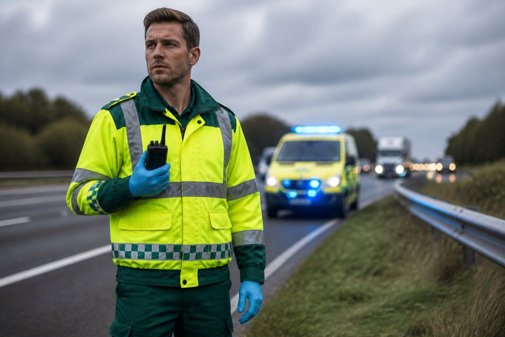 How GPS Tracking Helps Emergency Services Paramedic in high-visibility uniform holding GPS-enabled emergency device while standing on a motorway verge, with emergency vehicle lights visible in background and overcast sky