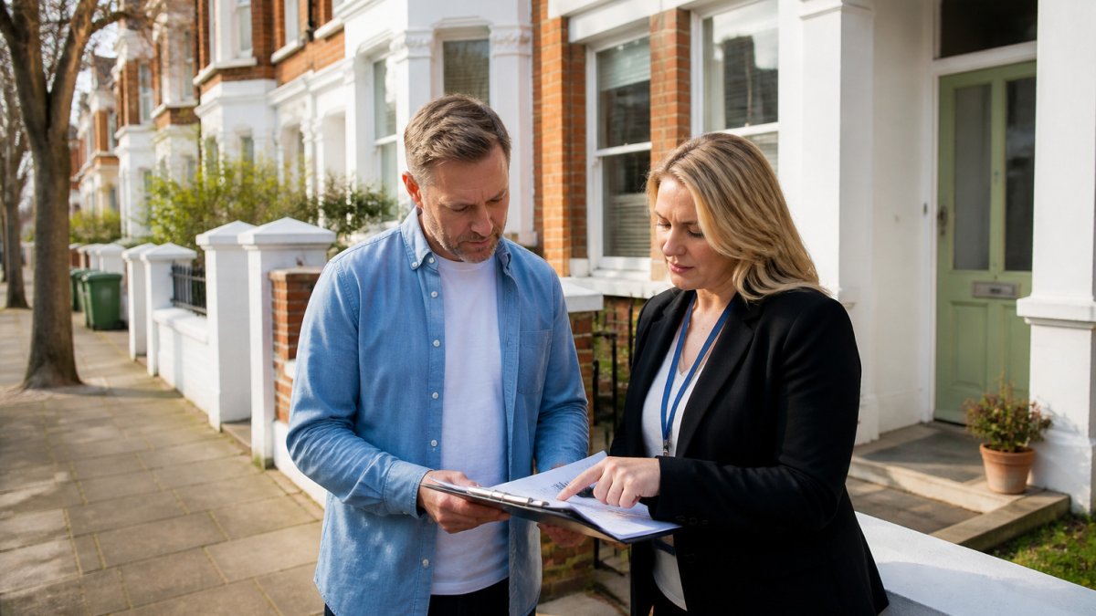 Property owner and estate agent reviewing guaranteed rent paperwork outside a terraced house