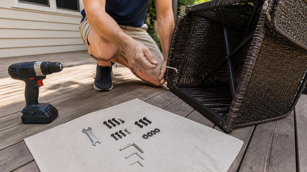A person kneeling on a wooden deck with an Allen wrench and a power drill beside an unassembled wicker patio chair, hardware laid out on a protective cloth, bright afternoon light